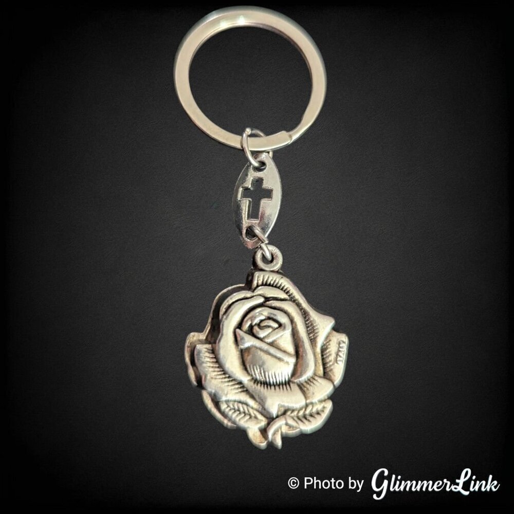 Double Sided Religious Rose Silver Tone Locket Keychain
